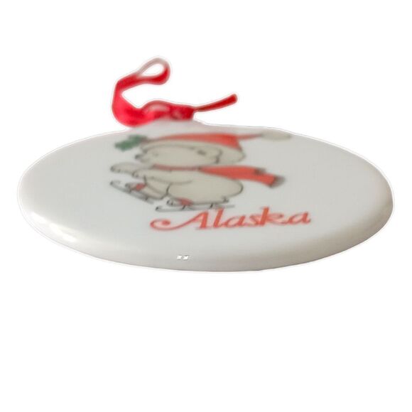 Vintage ALASKA Ceramic Ornament Christmas Porcelain Ice Skating Bear Round 90s. - Picture 3 of 13